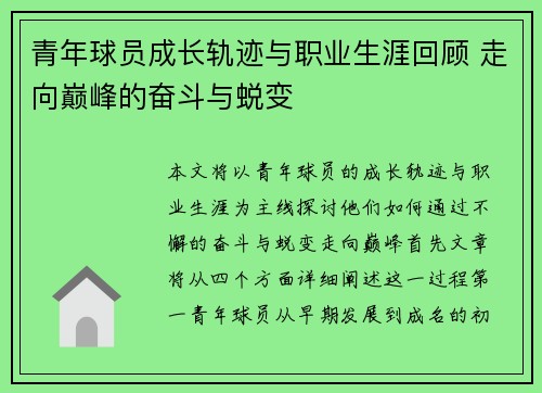 青年球员成长轨迹与职业生涯回顾 走向巅峰的奋斗与蜕变
