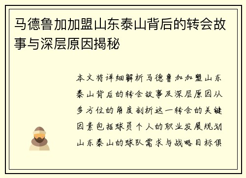马德鲁加加盟山东泰山背后的转会故事与深层原因揭秘