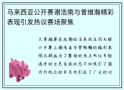 马来西亚公开赛谢浩南与曾维瀚精彩表现引发热议赛场聚焦